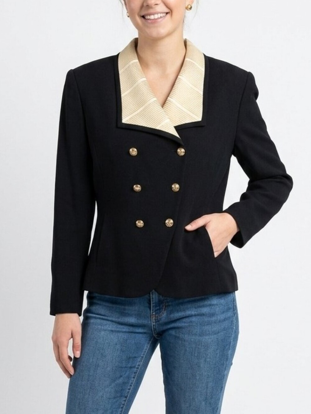 Vintage Albert Nipon Black Blazer with Cream Collar Gold Buttons And Details
